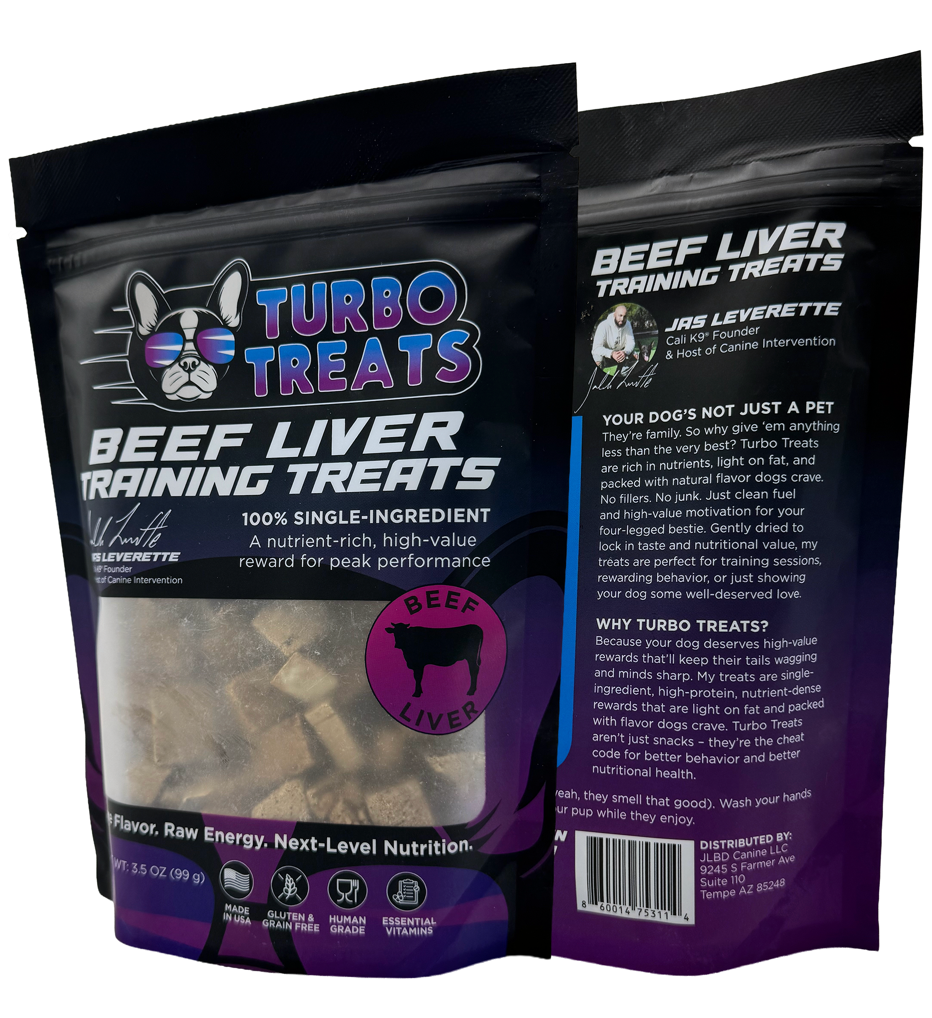 High-quality image of Turbo Treats freeze-dried protein dog treats featuring clean packaging design, bold branding, and natural ingredients. The product highlights its single-ingredient formula designed for performance, focus, and taste.