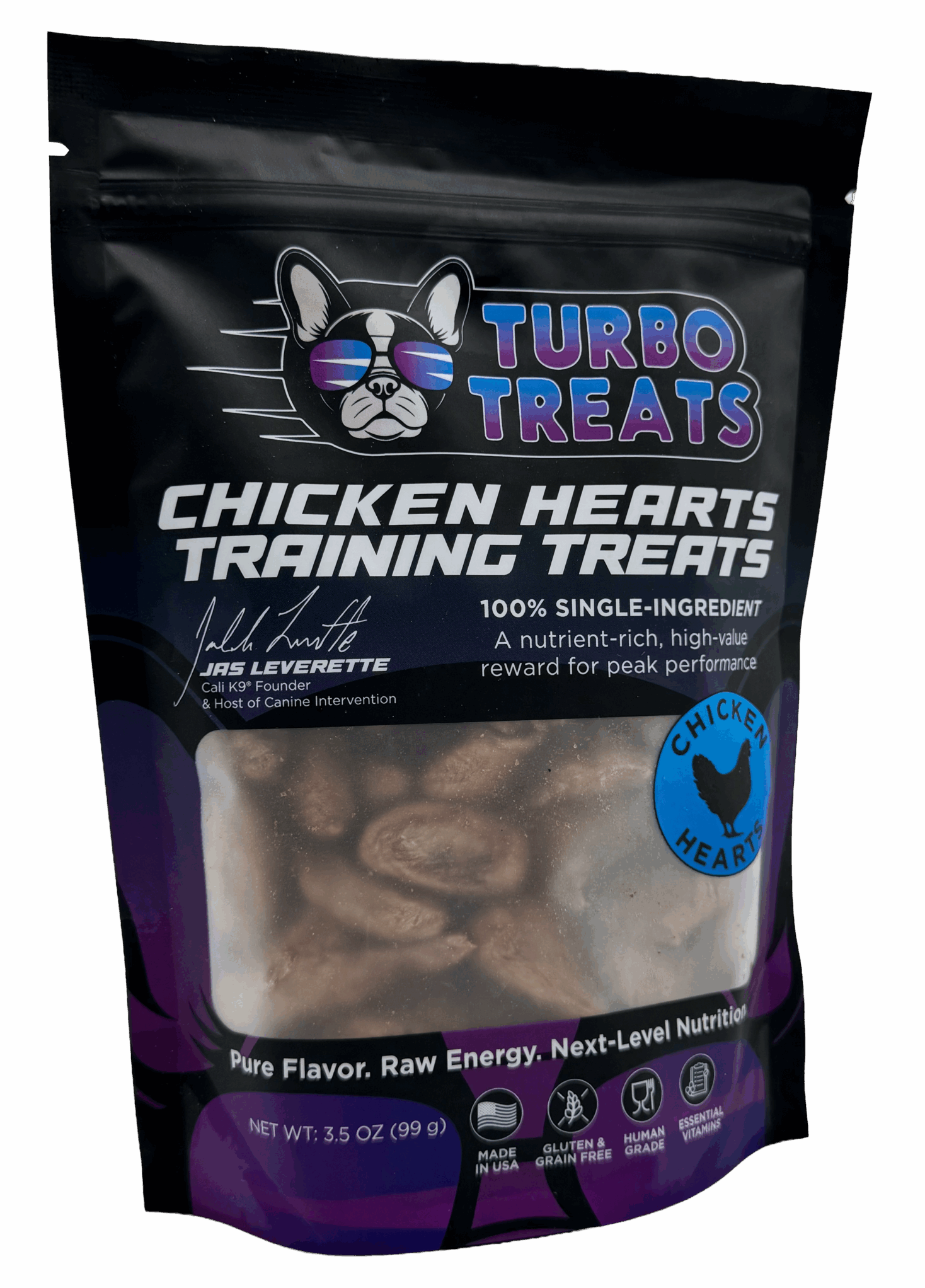 Full package of Turbo Treats Chicken Hearts Rewards – premium grain-free dog treats made with premium quality chicken and superfood ingredients